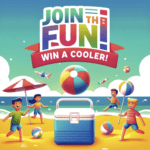 A vibrant and fun beach scene with kids playing with a beach ball. A cooler is also visible in the scene. The image has the title “Join the Fun! Win A Cooler!” prominently displayed.
